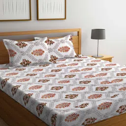 KLOTTHE White & Brown Ethnic Motifs Printed 300TC Fitted King Bedsheet With Pillow Cover-image-100