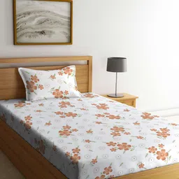 KLOTTHE White & Brown Floral 300TC Fitted Single Bedsheet & 1 Pillow Cover-image-29