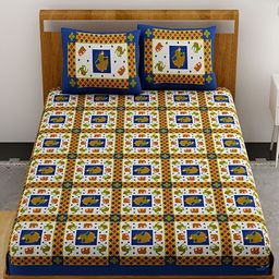 Aura Blue & White Ethnic Motifs Cotton 120 TC Queen Double Bedsheet With 2 Pillow Covers-image-56