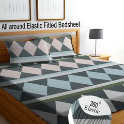 RISING STAR Blue & Grey Geometric 350 TC King Fitted Bedsheet with 2 Pillow Covers-image-44