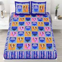 Aura Blue & Orange Ethnic Motifs Cotton 120 TC Queen Double Bedsheet With 2 Pillow Covers-image-98