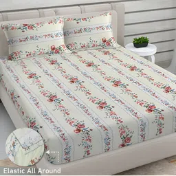 FABINALIV Cream & Red Floral 300 TC King Bedsheet with 2 Pillow Covers-image-32