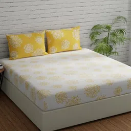 Huesland Comfort White & Yellow Floral 144 TC Cotton Queen Bedsheet & 2 Pillow Covers-image-44