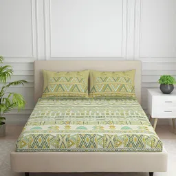 SPACES White Geometric Cotton 144 TC King Bedsheet with 2 Pillow Covers-image-38