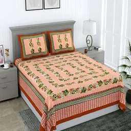 PATRICKO Cream-Coloured & Green Floral 210 TC Cotton Queen Bedsheet with 2 Pillow Covers-image-127