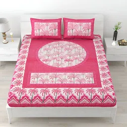 POORAK Pink & White Floral Cotton 104 TC Queen Bedsheet With 2 Pillow Covers-image-52