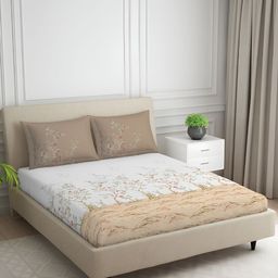 SPACES Cream & Green Printed Cotton 144 TC King Bedsheet With 2 Pillow Covers-image-94