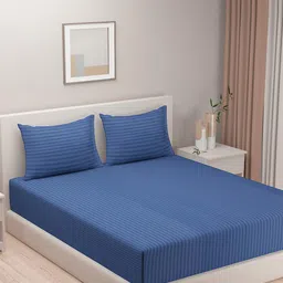 SWAYAM Essentials Navy Blue Striped 144 TC Flat Queen Bedsheet With 2 Pillow Covers-image-22