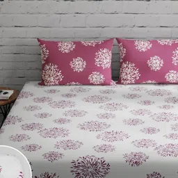 Huesland White & Pink Floral 144 TC Cotton Double Queen Fitted Bedsheet & 2 Pillow Covers-picture-45