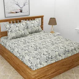 MORADO Maple Cream-Coloured & Grey Printed 210 TC Queen Bedsheet With 2 Pillow Covers-image-86