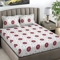 FABINALIV White & Maroon Floral 300 TC Flat King Bedsheet with 2 Pillow Covers-picture-29