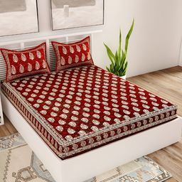 Aura Maroon Ethnic Motifs Printed Cotton 120 TC Queen Bedsheet with 2 Pillow Covers-10