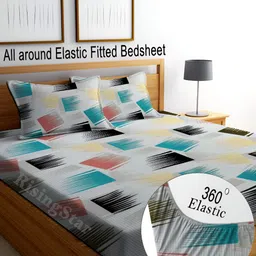 RISING STAR Grey Geometric Cotton 250 TC Fitted King Bedsheet With 2 Pillow Covers-image-33
