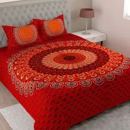 Aura Red & Black Ethnic Motifs Printed Cotton 144 TC King Bedsheet with 2 Pillow Covers-image-12