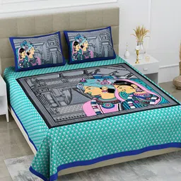 POORAK Blue & Pink Ethnic Motifs 104 TC Cotton Queen Bedsheet Set-image-11