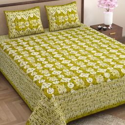 Aura Mustard & White Geometric 144 TC Cotton Queen Bedsheet with 2 Pillow Covers-image-92