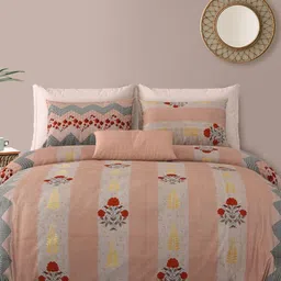 LIVING ROOTS Peach-Coloured & Red Floral 210 TC King Bedsheet with 2 Pillow Covers-picture-5