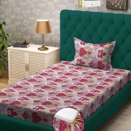 KLOTTHE Pink & Beige Ethnic Motifs Printed 300 TC Single Fitted Bedsheet With Pillow Cover-picture-35