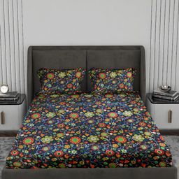 LABHAM Blue & Red Floral 180 TC King Bedsheet with 2 Pillow Covers-image-32