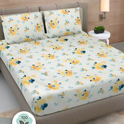 FABINALIV White & Yellow Floral Printed 300 TC King Bedsheet with 2 Pillow Covers-image-53