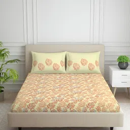 SPACES Yellow & Orange Floral Cotton 130 TC Queen Bedsheet with 2 Pillow Covers-image-0