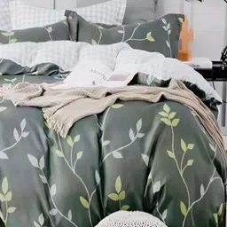 Laying Style Green & White Floral 160 TC Cotton Queen Bedsheet with 2 Pillow Covers-image-8