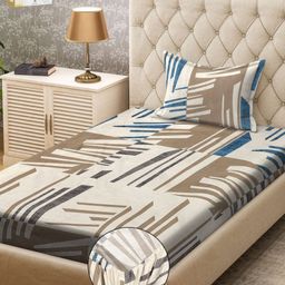 KLOTTHE  White & Grey Printed 300 TC Fitted Single Bedsheet & Pillow Covers-image-88