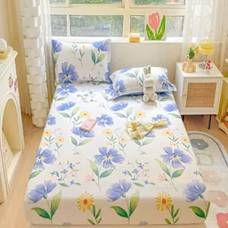 JC HOME White & Blue Floral 220 TC Cotton King Bedsheet with 2 Pillow Covers-picture-8