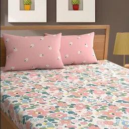 Bajo's White & Pink Floral Printed Cotton 350 TC King Bedsheet with 2 Pillow Covers-image-73