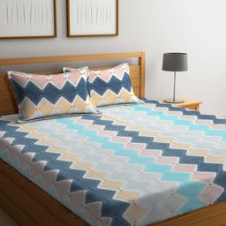 FABINALIV White & Blue Geometric 300 TC Super King Bedsheet with 2 Pillow Covers-image-36
