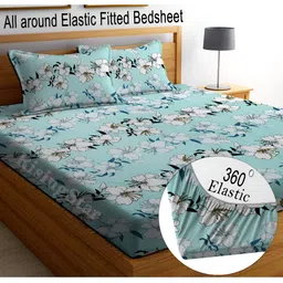 RISING STAR Blue & White Floral 250 TC Fitted King Bedsheet with 2 Pillow Covers-image-38