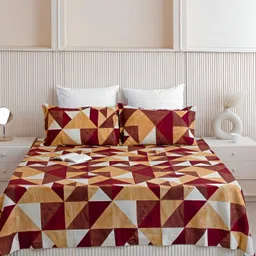 HOMEMONDE Red & Mustard Geometric Cotton 210 TC Queen Bedsheet With 2 Pillow Covers-image-23