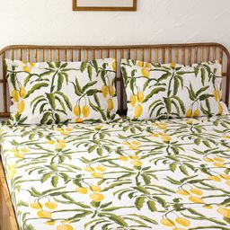 House This White & Green Floral 180 TC Queen cotton  Bedsheet with 2 Pillow Covers-picture-37