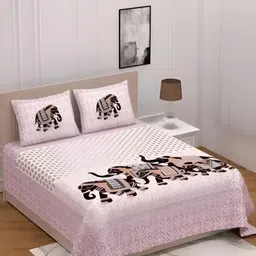 Runjhun Pink & White Ethnic Motifs Cotton 144 TC Queen Bedsheet with 2 Pillow Covers-image-94