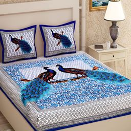 Aura Blue & White Ethnic Motifs Printed Cotton  120 TC Queen Bedsheet with 2 Pillow Covers-image-91