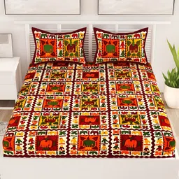 Aura Maroon & White Ethnic Motifs Cotton 120 TC Queen Bedsheet With 2 Pillow Covers-27
