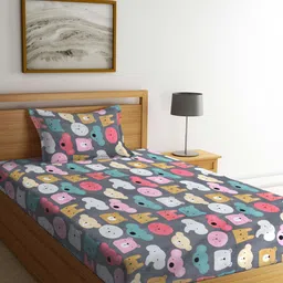 KLOTTHE Grey & Pink Cartoon Characters Printed 300 TC Single Bedsheet & Pillow Cover-image-77