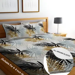 RISING STAR Grey & Green Floral 350 TC King Fitted Bedsheet with 2 Pillow Covers-image-72