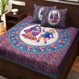 Aura Turquoise Blue & Pink Ethnic Motifs Cotton 120 TC Queen Bedsheet with 2 Pillow Covers-image-58