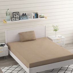 BELVOSTUM Beige Striped Microfiber 220 TC Single Bedsheet with 1 Pillow Covers-image-67