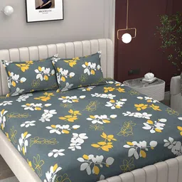 BELVOSTUM Grey & Green Floral Cotton 250 TC King Double Bedsheet With 2 Pillow Covers-picture-39