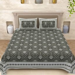 Varde Olive Green & White Ethnic Motifs 210 TC Queen Bedsheet with 2 Pillow Covers-image-85