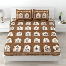 POORAK Brown & White Ethnic Motifs Cotton 104 TC Queen Bedsheet With 2 Pillow Covers-image-21