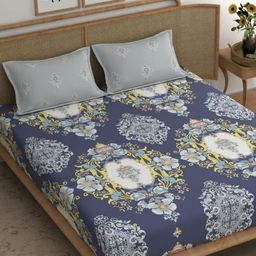 UrbanArts Grey & Yellow Floral King Bedsheet with 2 Pillow Covers-image-27
