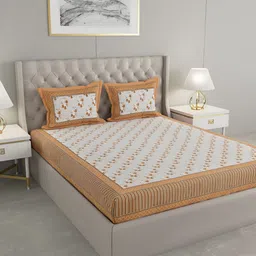 PATRICKO Orange & White Floral 330 TC Cotton King Bedsheet with 2 Pillow Covers-image-89