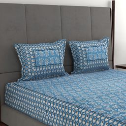 PATRICKO Blue & White Floral Printed Cotton King Bedsheet with 2 Pillow Covers-picture-31