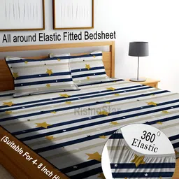 RISING STAR Grey & Blue Geometric Cotton 350 TC Fitted King Bedsheet With 2 Pillow Covers-image-42