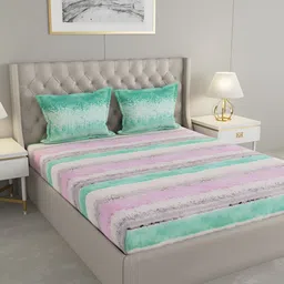 Raymond Home Green & Pink Striped 144 TC Queen Bedsheet with 2 Pillow Covers-image-71
