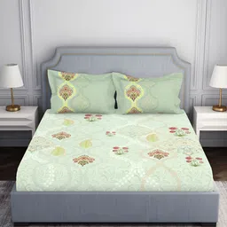 SPACES Green Floral Cotton 130 TC King Bedsheet with 2 Pillow Covers-image-42