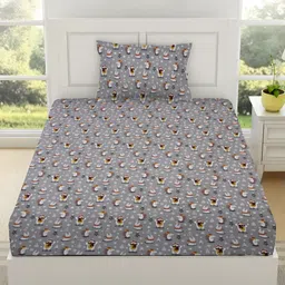 RRC Grey Cartoon Characters 144 TC Single Bedsheet with 1 Pillow Covers-image-84